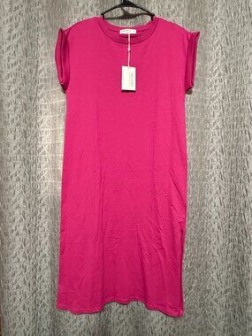 LA Relaxed NWT Size Small Hot Pink Cuffed Sleeve Side Slit Midi T-Shirt Dress